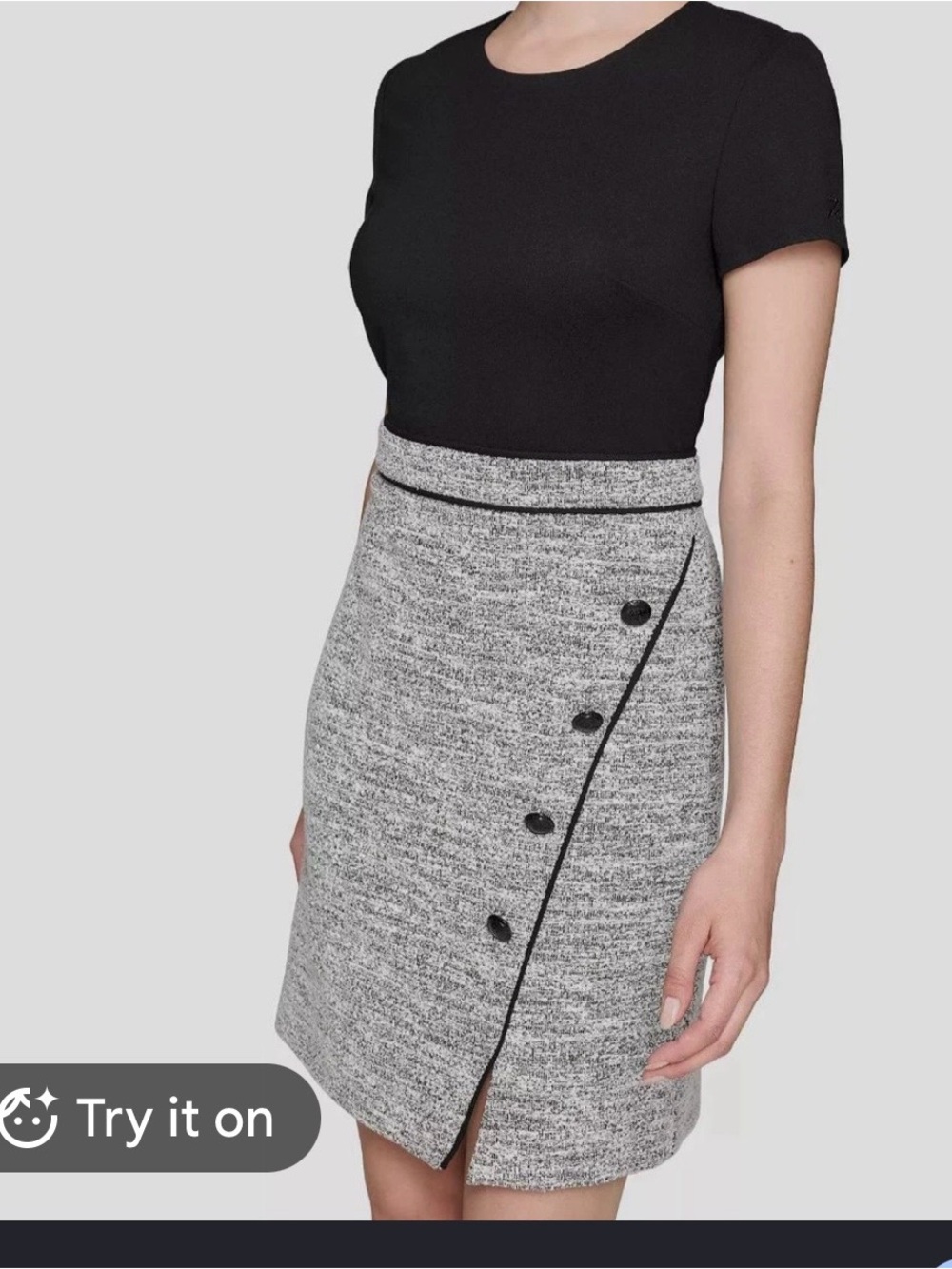 Karl Lagerfield Black and Gray Two-Tone Short Sleeve tweed Dress